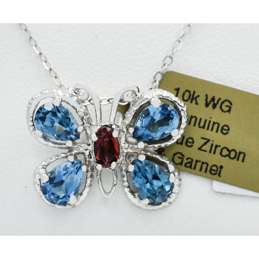 Genuine 3.52 Ct Blue Zircon & Garnet Butterfly Pendant 10k White Gold
